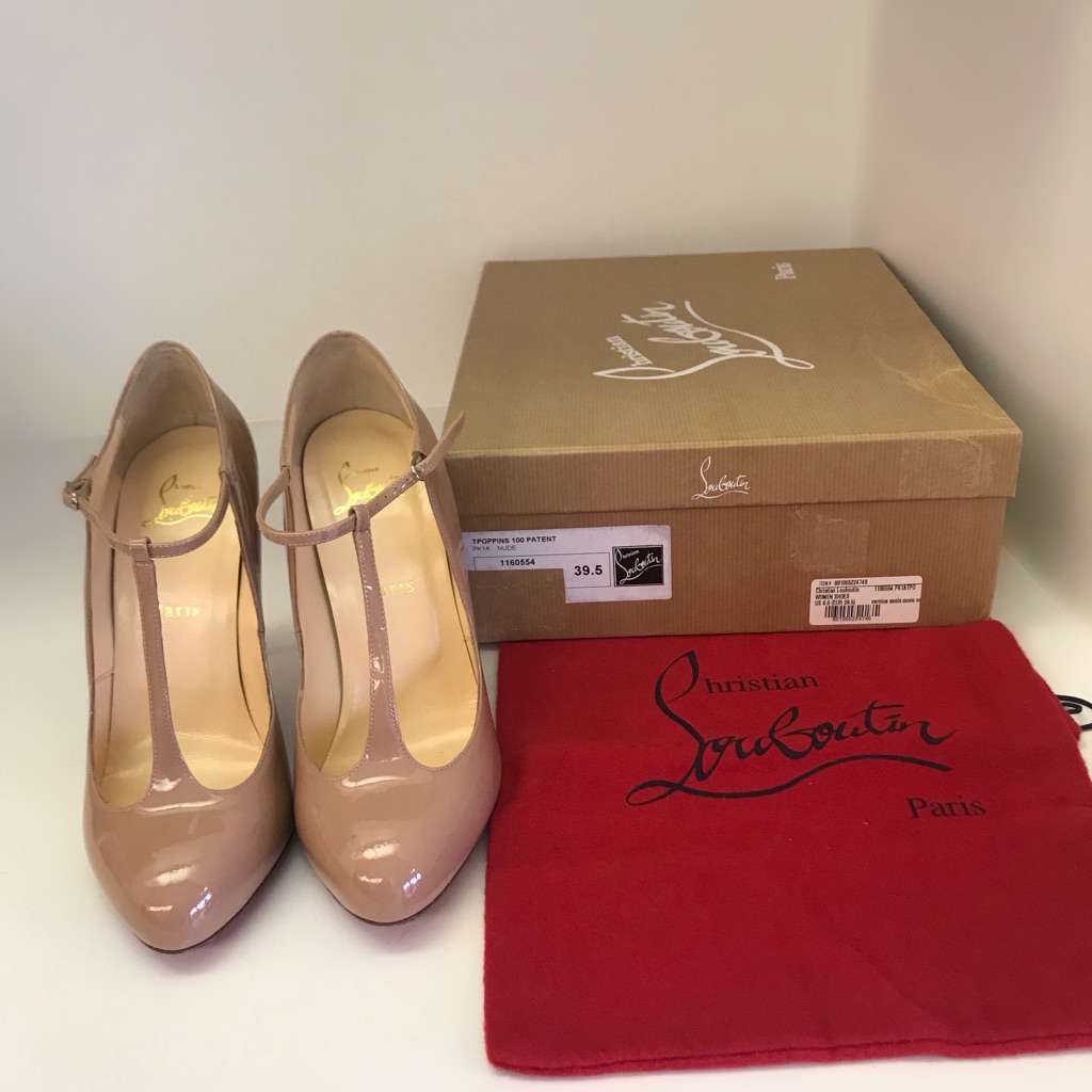Christian Louboutin Nude Patent Leather T-Strap Heels